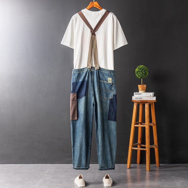 Men’s And Women’s Contrast Color Overalls Suspender Pants