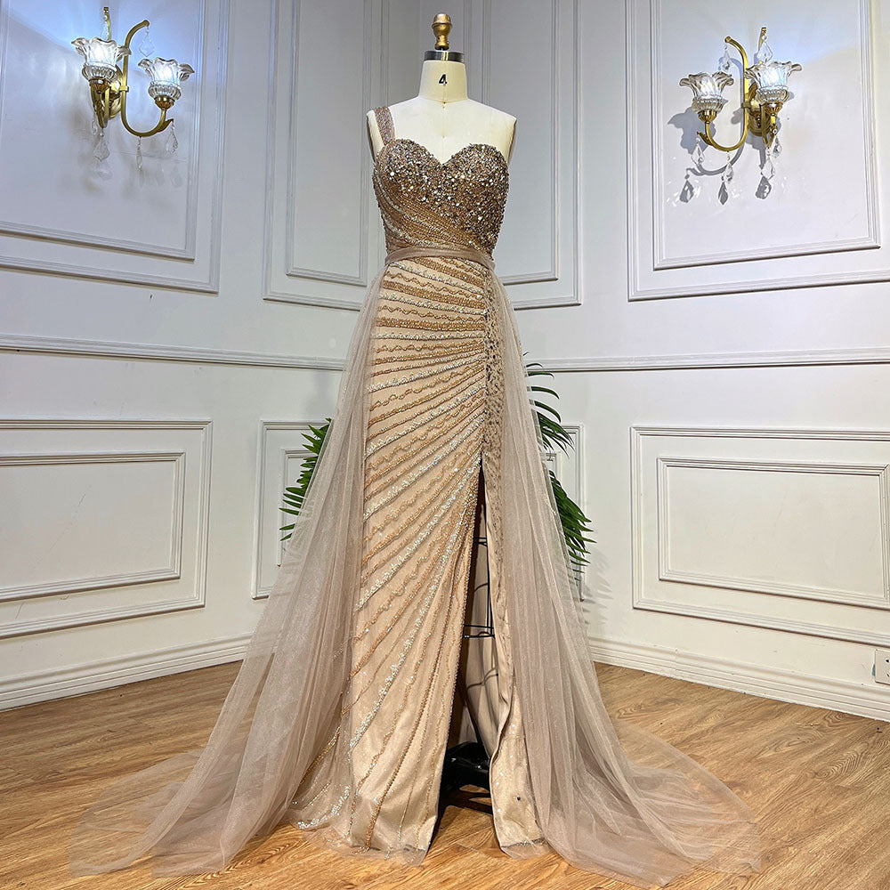 Blue Handmade Beaded Split Shoulder Fishtail Dress - Caramel Color / XS