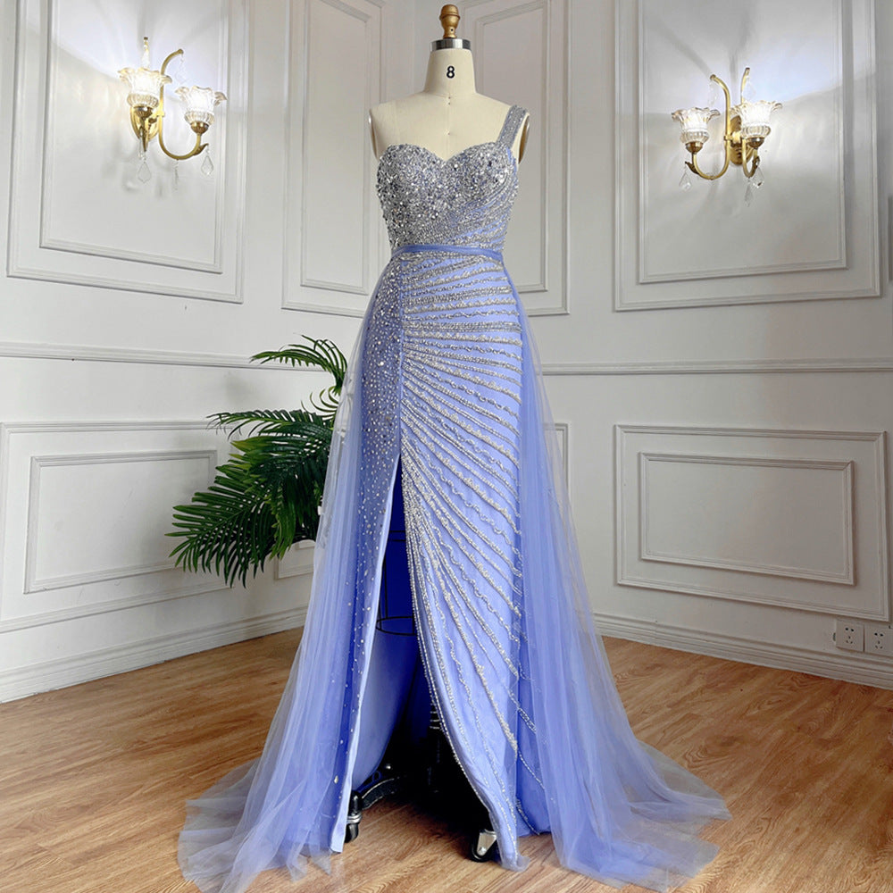 Blue Handmade Beaded Split Shoulder Fishtail Dress - Light Purple / XS