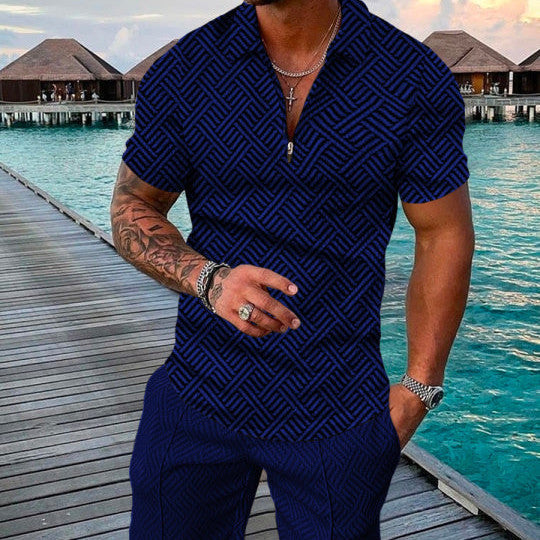 Men’s Summer Fashion 3D Printed Short Sleeve Geometric Zip Lapel Shirt Set