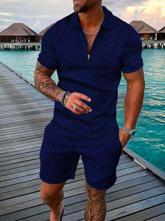 Men’s Summer Fashion 3D Printed Short Sleeve Geometric Zip Lapel Shirt Set - Blue / S