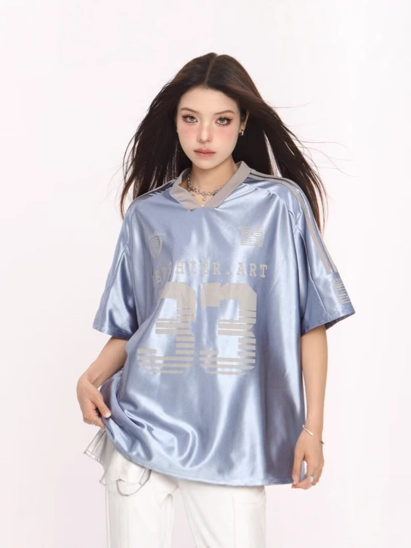 Retro V-neck Splicing Letter Print Short-sleeve - Blue / L