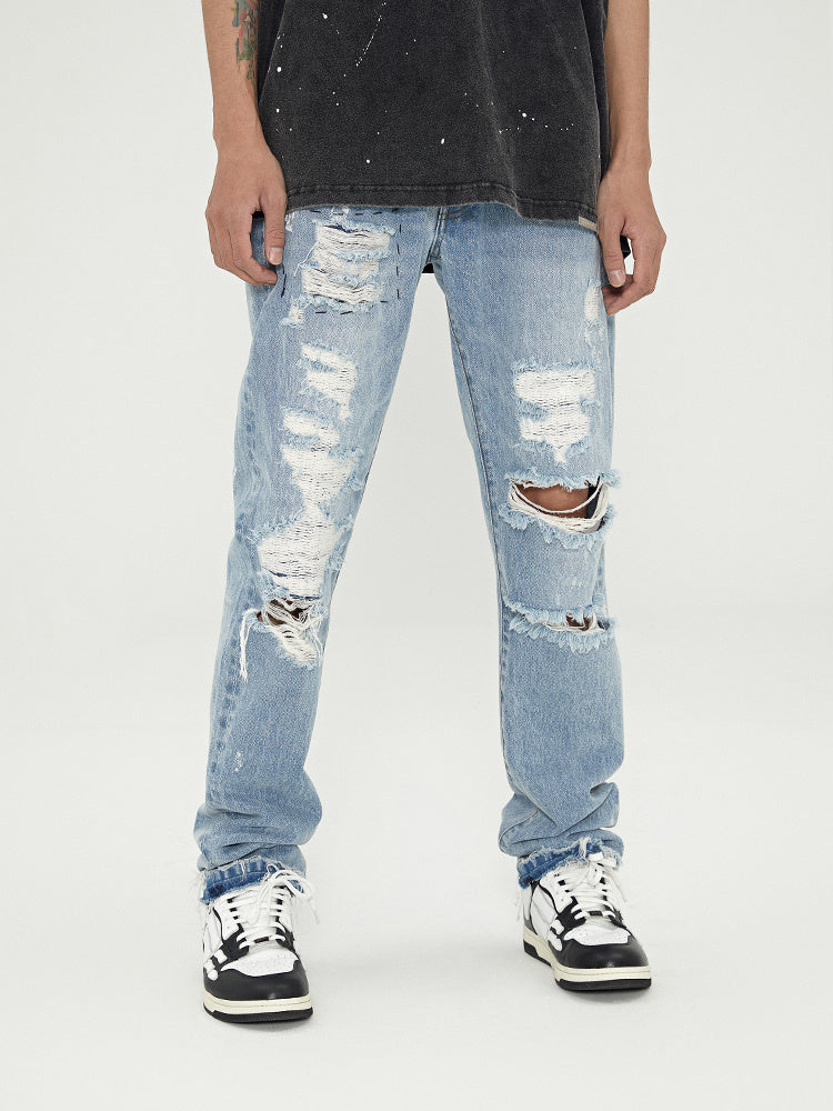 Distressed Washed Retro Light-colored Jeans With Ripped Raw Edges - Blue / L