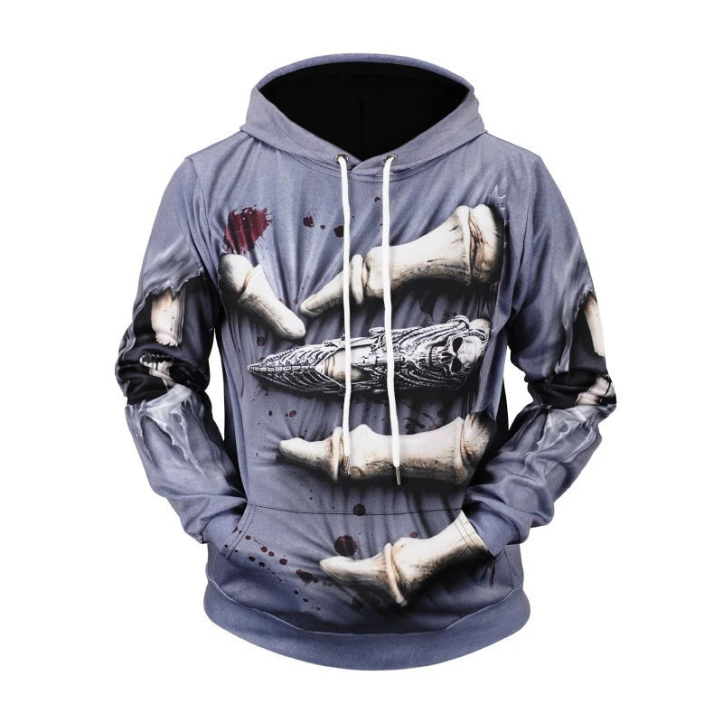 Skull Print Sports Casual Halloween Sweater - Blue / S