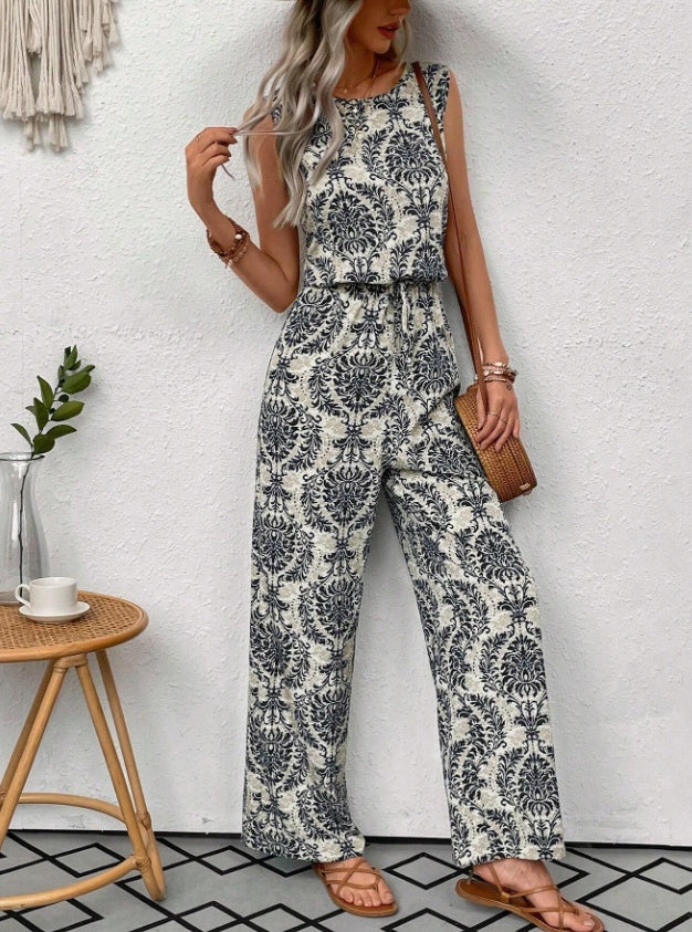 Printed Waist Cinching Casual Straight Leg Pants Set - 4