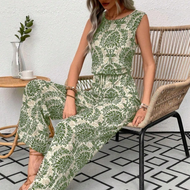 Printed Waist Cinching Casual Straight Leg Pants Set - 4