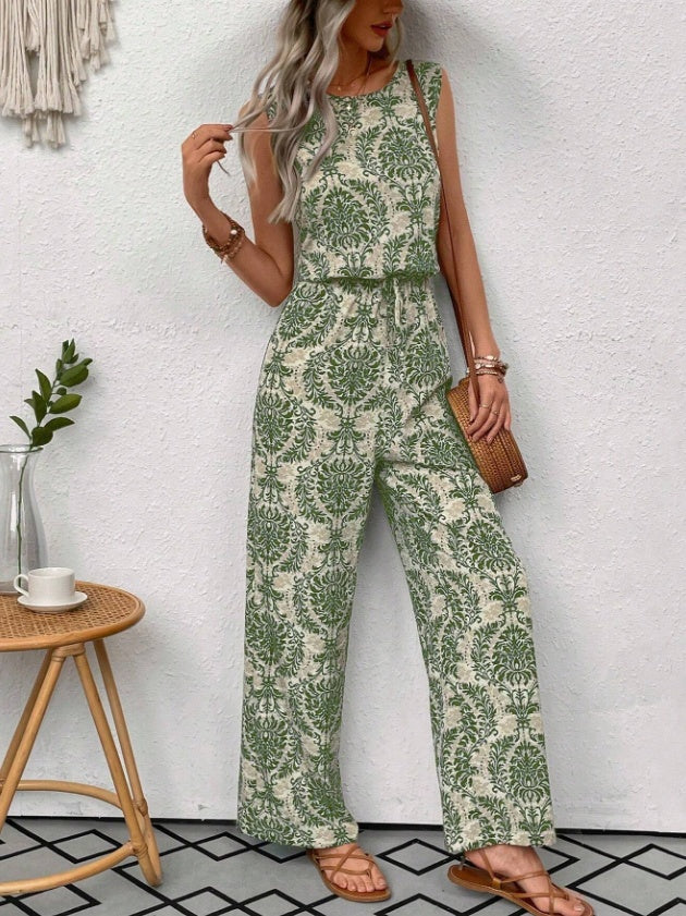 Printed Waist Cinching Casual Straight Leg Pants Set - 4