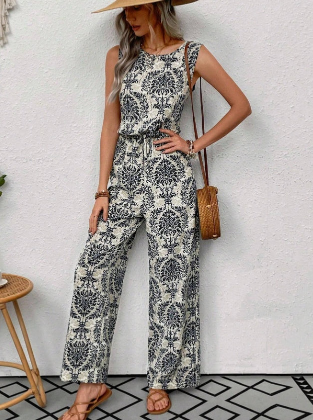 Printed Waist Cinching Casual Straight Leg Pants Set - 4