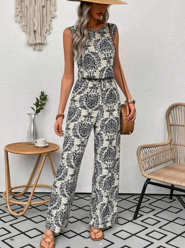 Printed Waist Cinching Casual Straight Leg Pants Set - Black / S - 4