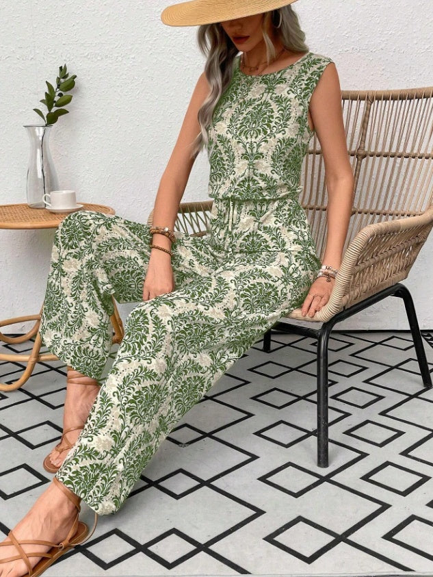Printed Waist Cinching Casual Straight Leg Pants Set - Green / S - 4