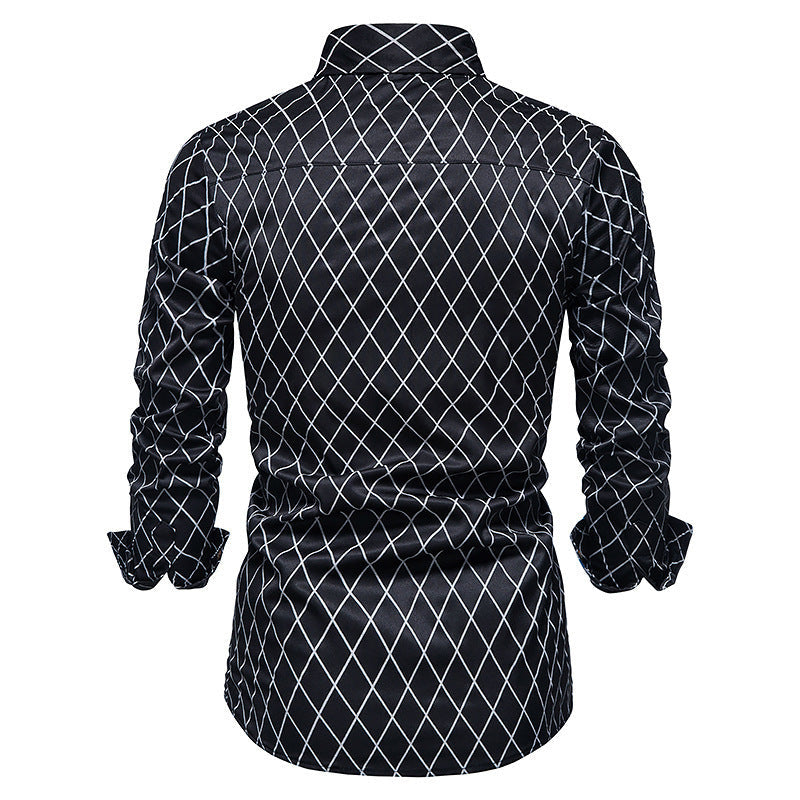 New Fashion Contrast Color Men’s Long-sleeved Diamond Check Button Shirt