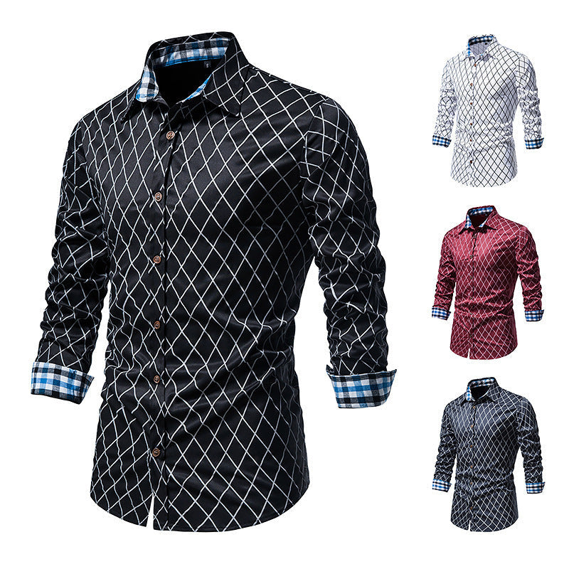 New Fashion Contrast Color Men’s Long-sleeved Diamond Check Button Shirt
