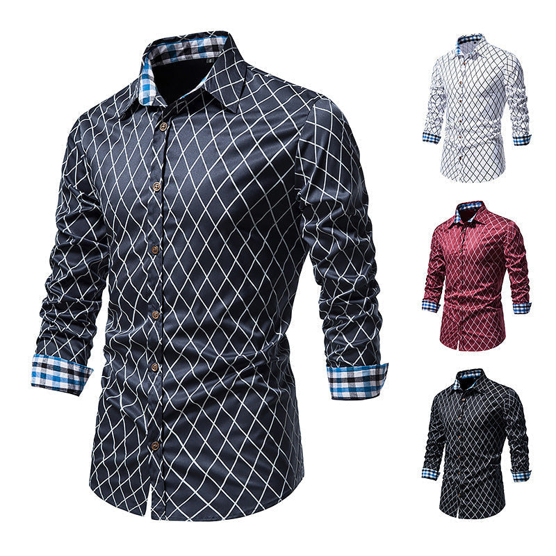 New Fashion Contrast Color Men’s Long-sleeved Diamond Check Button Shirt