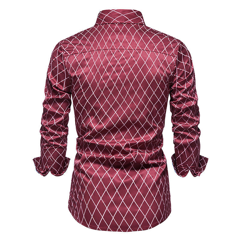 New Fashion Contrast Color Men’s Long-sleeved Diamond Check Button Shirt