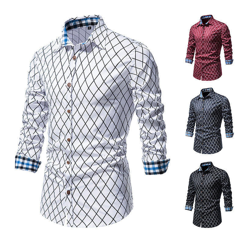 New Fashion Contrast Color Men’s Long-sleeved Diamond Check Button Shirt