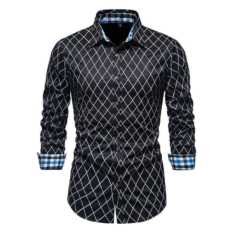 New Fashion Contrast Color Men’s Long-sleeved Diamond Check Button Shirt - Black / S