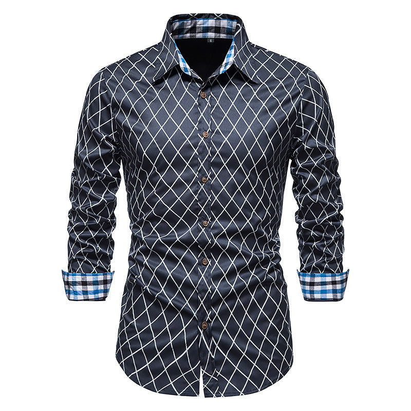 New Fashion Contrast Color Men’s Long-sleeved Diamond Check Button Shirt - Navy Blue / S