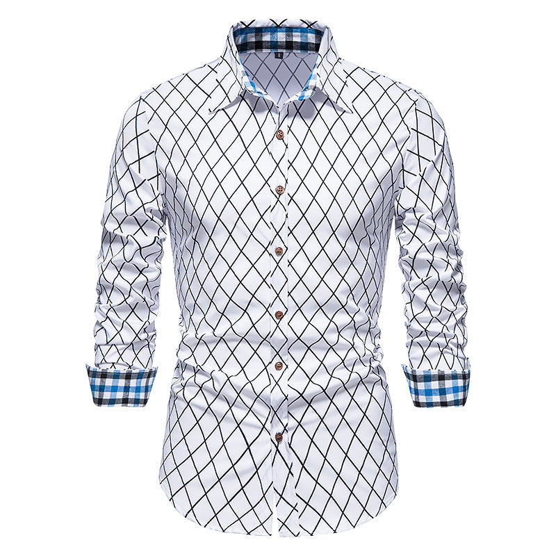 New Fashion Contrast Color Men’s Long-sleeved Diamond Check Button Shirt - White / S