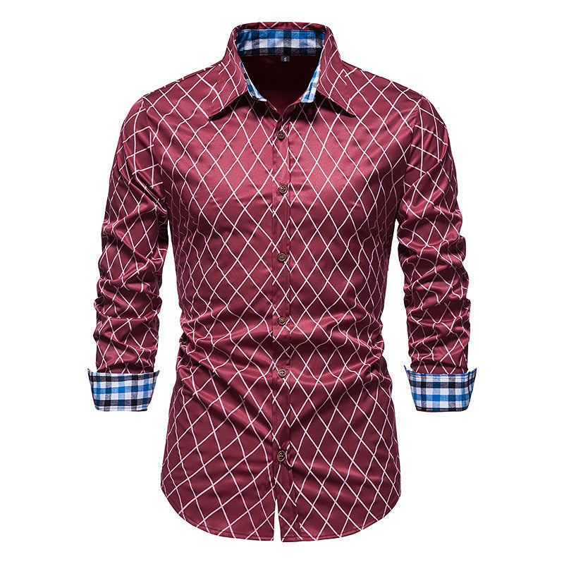 New Fashion Contrast Color Men’s Long-sleeved Diamond Check Button Shirt - Wine Red / S