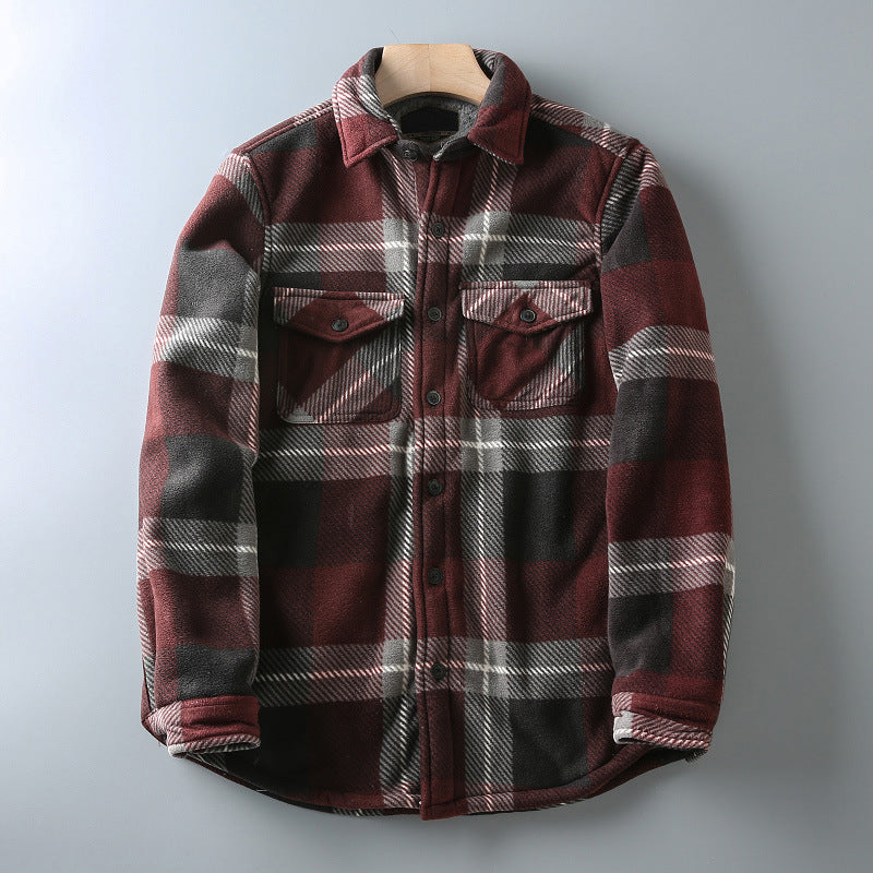 European and American men’s casual plaid long-sleeved shirt - XXL / Wine red