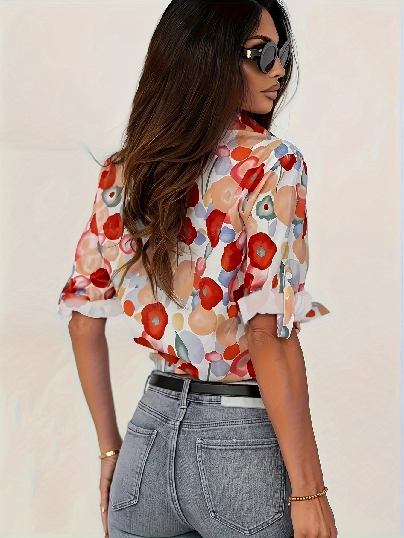 Plus Size Floral Print Button Front Shirt Casual Long Sleeve Shirt For Spring & Fall Women’s Plus Size Clothing - 5
