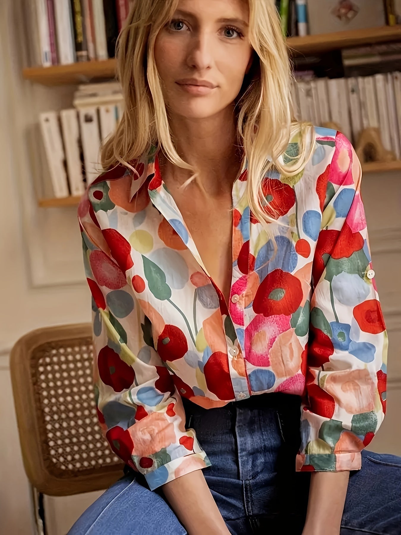 Plus Size Floral Print Button Front Shirt Casual Long Sleeve Shirt For Spring & Fall Women’s Plus Size Clothing - Red