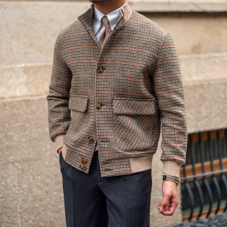 Bomber Jacket Tweed Fleece Cropped Slim-fit Jacket With Stand-up Collar - Brown / M