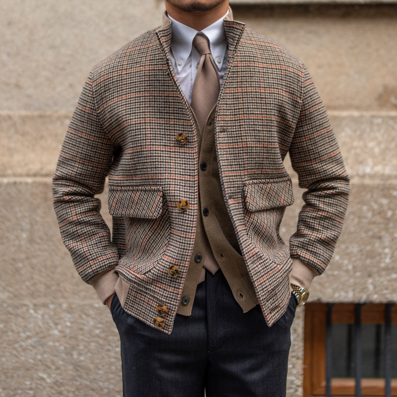 Bomber Jacket Tweed Fleece Cropped Slim-fit Jacket With Stand-up Collar - Brown / M
