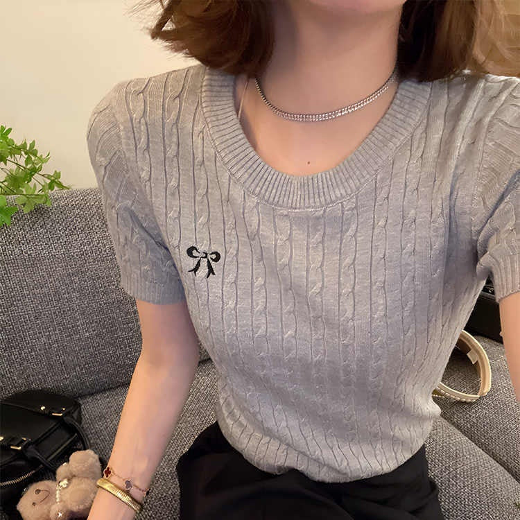 All-matching Pullover Bow Embroidery Twist Knitted Short Sleeve - Gray / L
