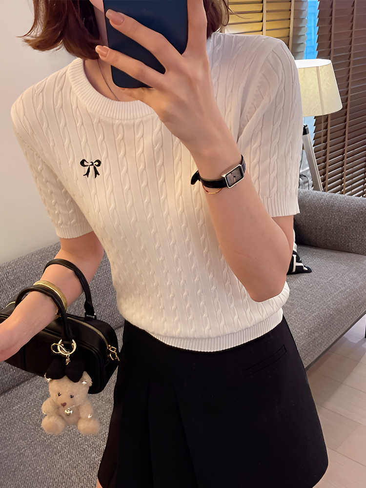 All-matching Pullover Bow Embroidery Twist Knitted Short Sleeve - White / L