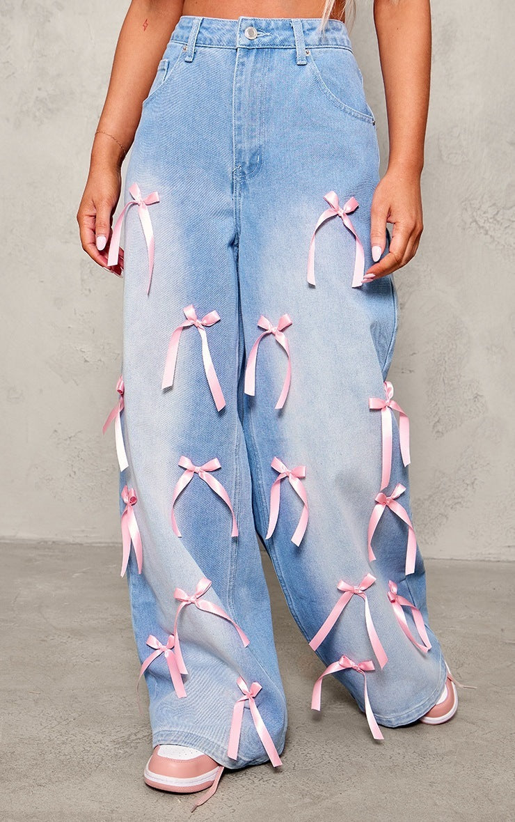 Bow High Waist Wide Leg Jeans - Blue / S