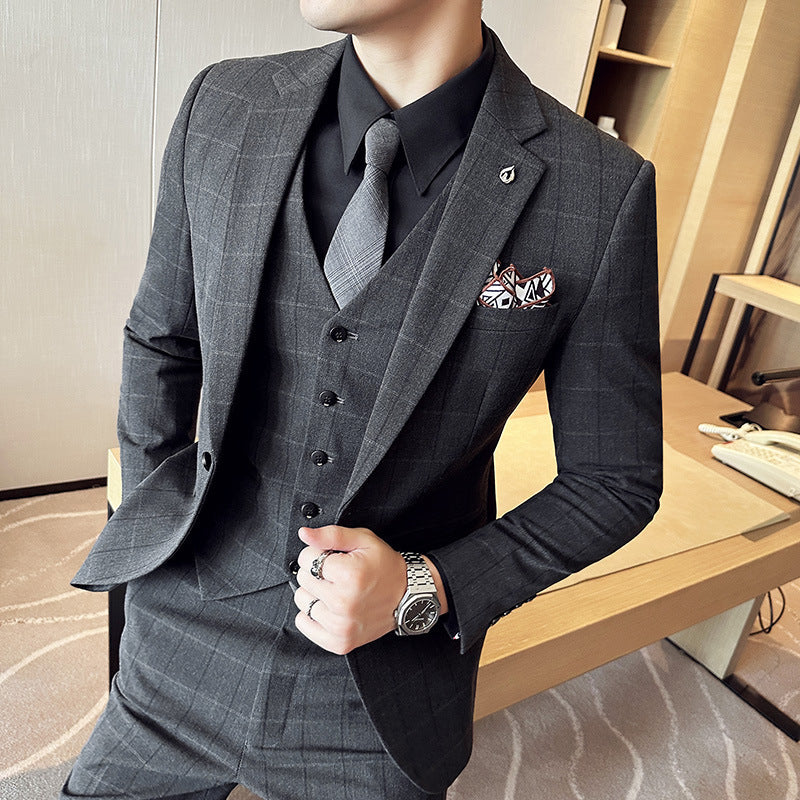 Boy’s Yarn-dyed Fabric Suit Set Three-piece Set Groom Groomsman Dress - Gray / S