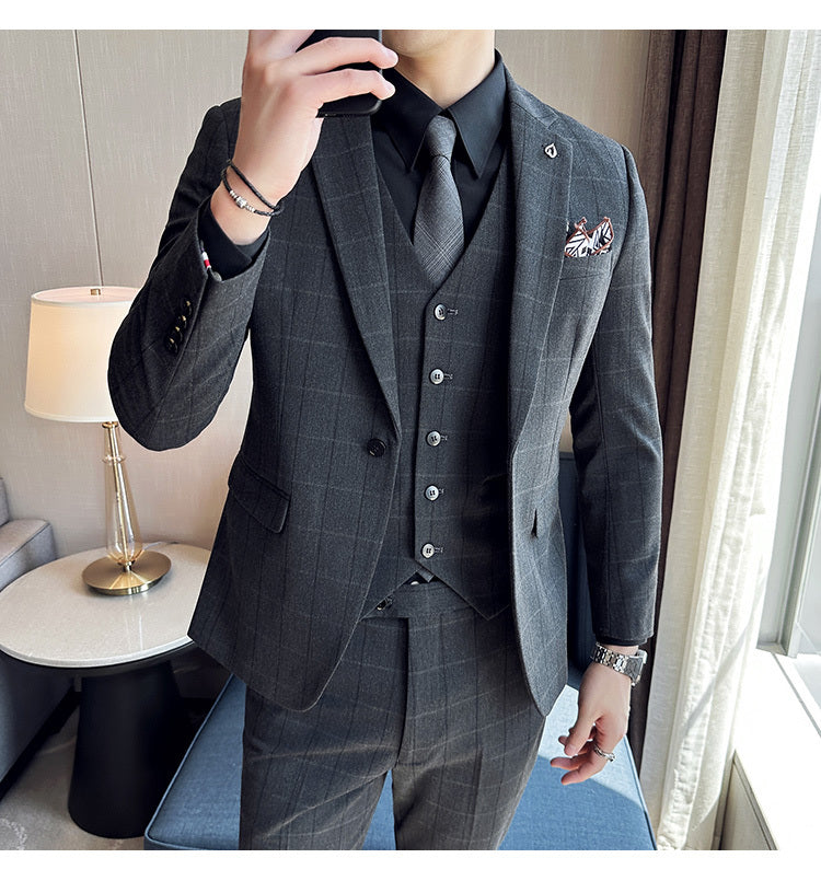 Boy’s Yarn-dyed Fabric Suit Set Three-piece Set Groom Groomsman Dress