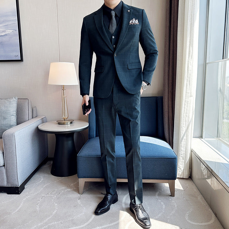 Boy’s Yarn-dyed Fabric Suit Set Three-piece Set Groom Groomsman Dress