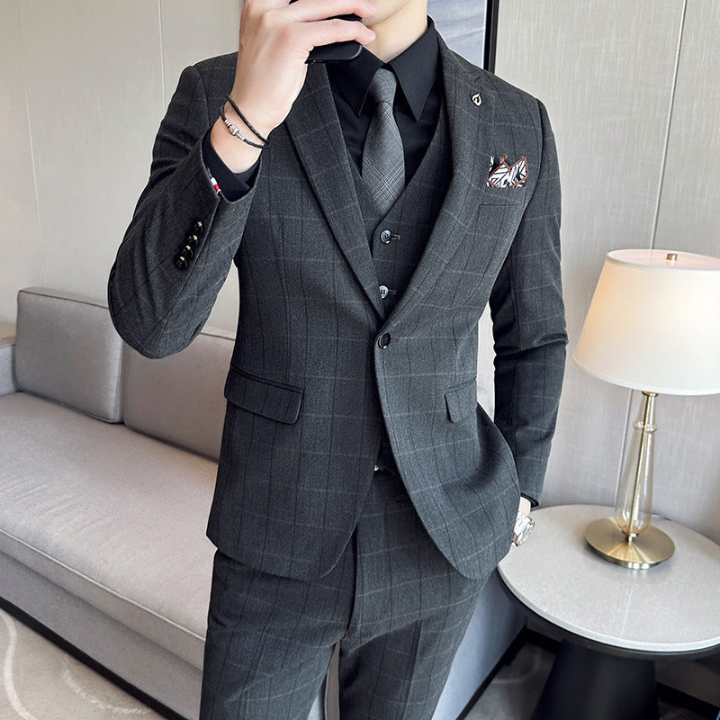 Boy’s Yarn-dyed Fabric Suit Set Three-piece Set Groom Groomsman Dress