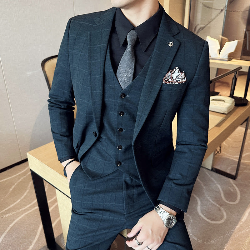 Boy’s Yarn-dyed Fabric Suit Set Three-piece Set Groom Groomsman Dress - Green / S