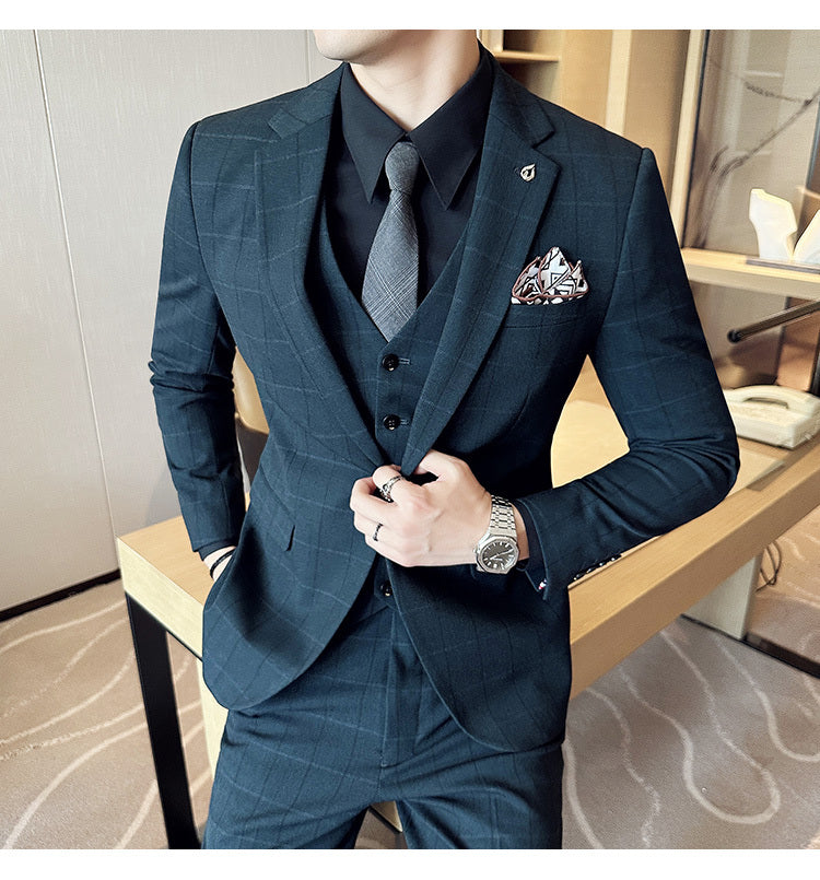 Boy’s Yarn-dyed Fabric Suit Set Three-piece Set Groom Groomsman Dress