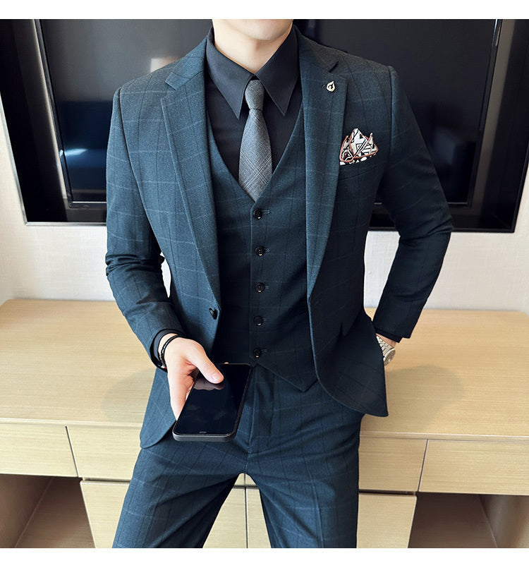 Boy’s Yarn-dyed Fabric Suit Set Three-piece Set Groom Groomsman Dress