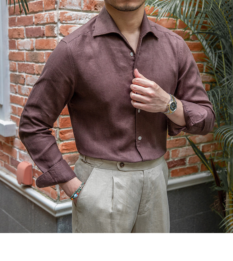 Retro Casual Long Linen Sleeves Shirt - Coffee Color / M