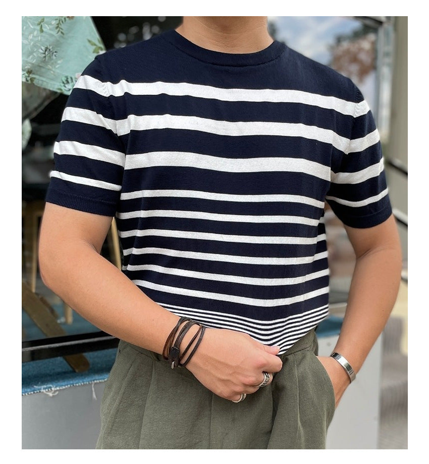 Men’s Short-sleeved Polo Shirt Retro Gradient Striped Knitted T-shirt