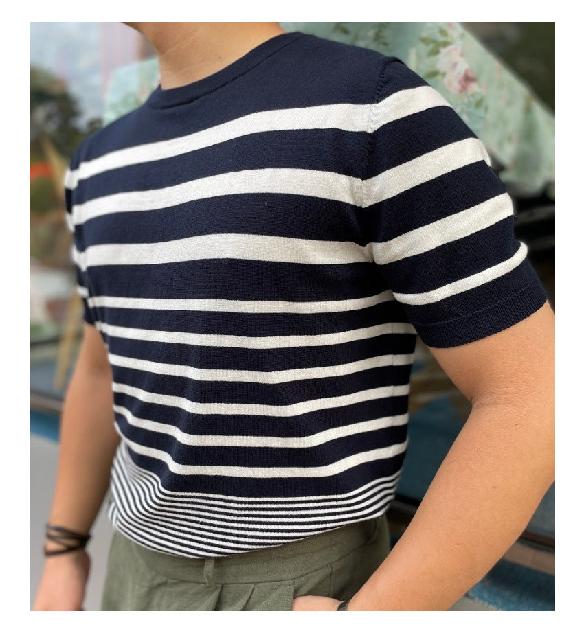 Men’s Short-sleeved Polo Shirt Retro Gradient Striped Knitted T-shirt