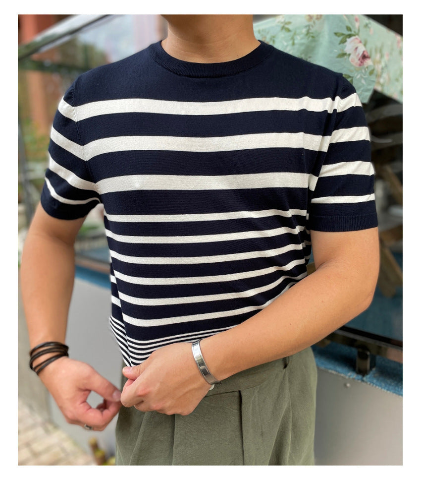 Men’s Short-sleeved Polo Shirt Retro Gradient Striped Knitted T-shirt