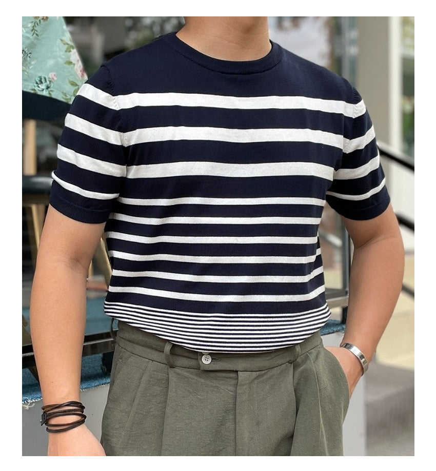 Men’s Short-sleeved Polo Shirt Retro Gradient Striped Knitted T-shirt