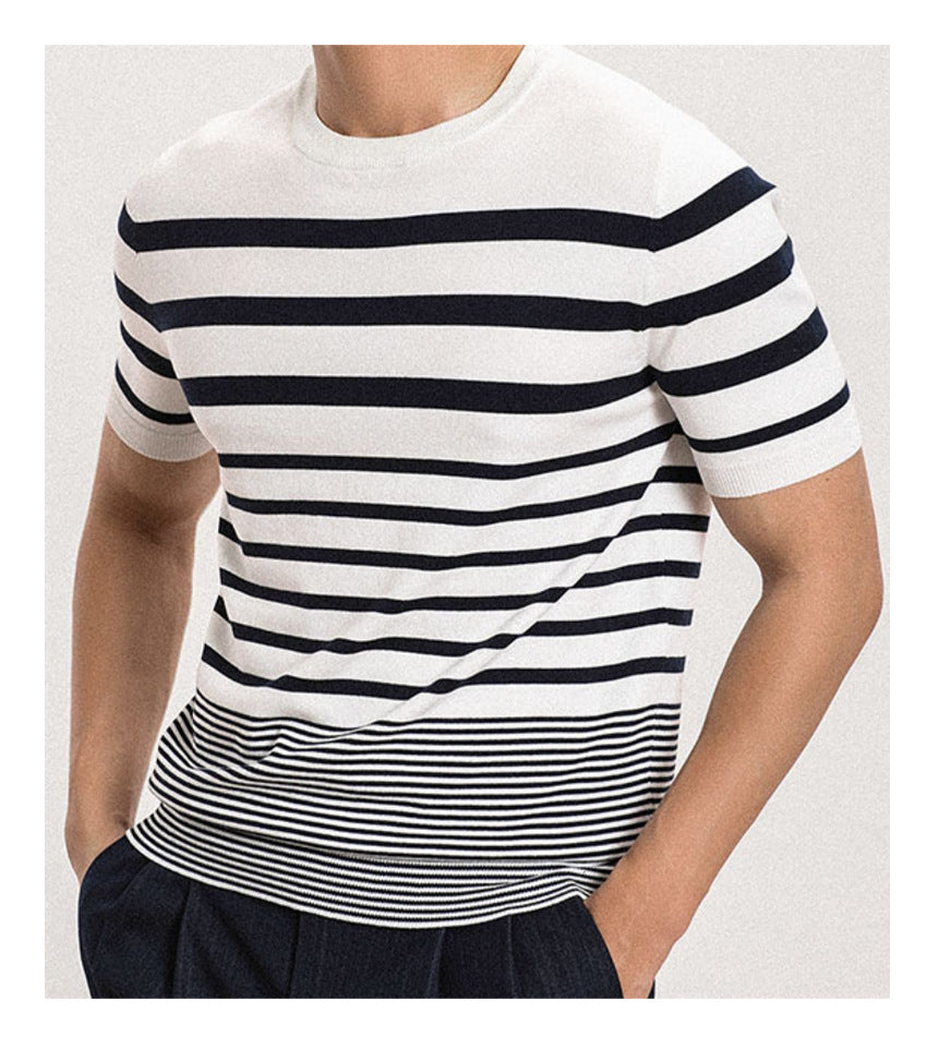 Men’s Short-sleeved Polo Shirt Retro Gradient Striped Knitted T-shirt - White / M