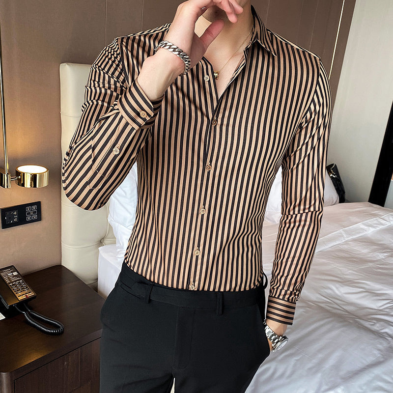 British Striped Slim-fit Square-neck Long-sleeved Shirt - Coffee / M