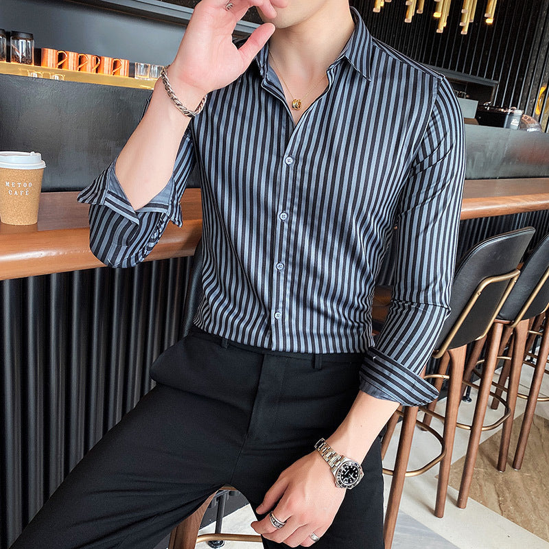 British Striped Slim-fit Square-neck Long-sleeved Shirt - Grey / M