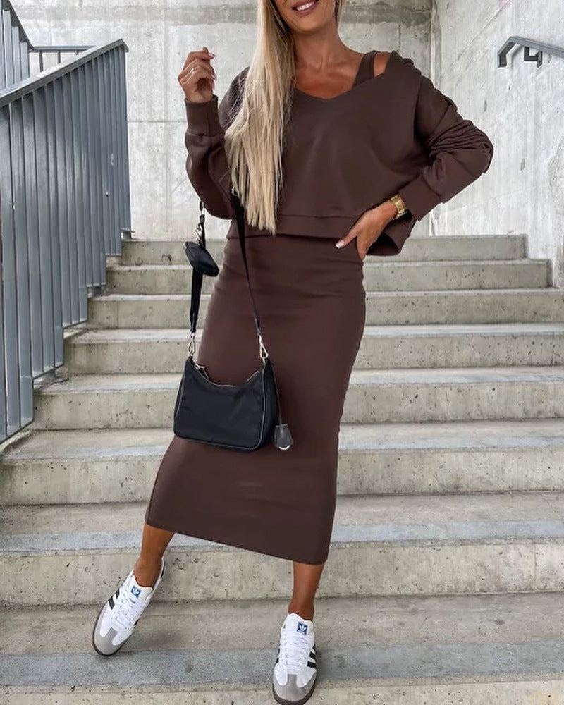 Vest Dress V-neck Hooded Hoodie Short Top Suit - Brown / S