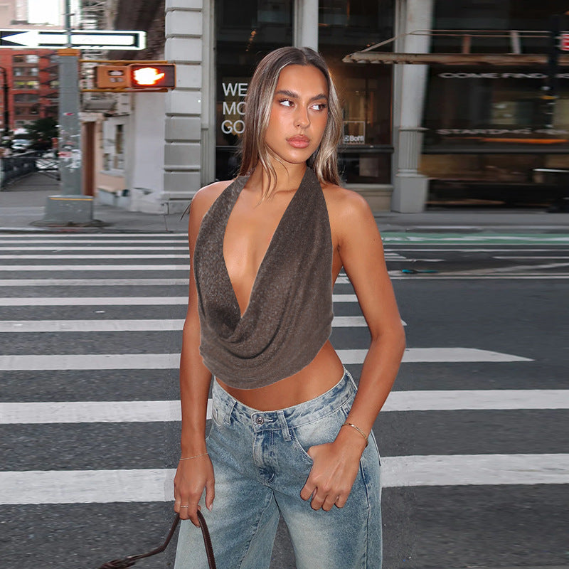 Women’s Pure Color Halter Silver Silk Pockets Collar Top