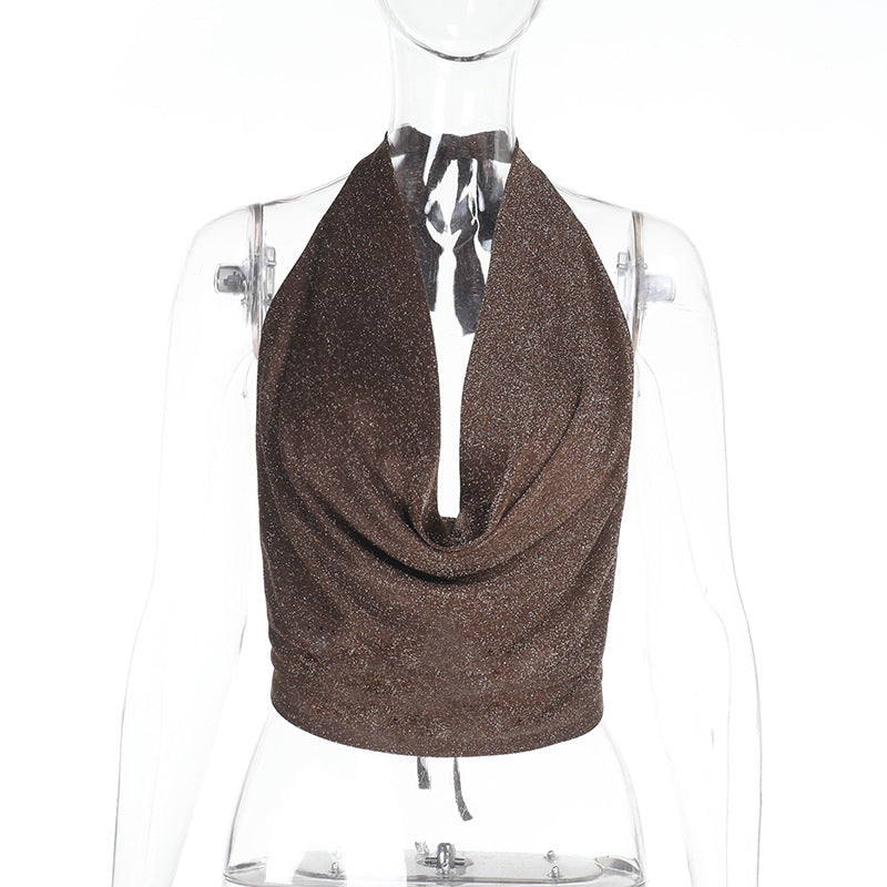 Women’s Pure Color Halter Silver Silk Pockets Collar Top - Brown / XS