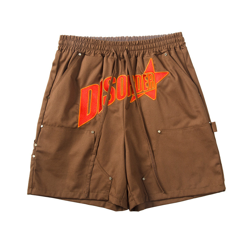 Heavy Industry Slogan Embroidered Street Loose Casual Shorts - Coffee / M